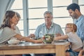 Big family, food and praying for gratitude and healthy lunch together while holding hands for love, religion and