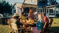 Big Family and Friends Celebrating Outside at Home. Diverse Group of Children, Adults and Old People Royalty Free Stock Photo