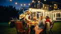 Big Family and Friends Celebrating Outside at Home in the Evening. Diverse Group of Children, Adults