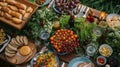 Big family garden party. Glasses of wine, large plates and bowls with vegetables, fruits, berries, greenery and bread on Royalty Free Stock Photo