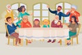 Big family gathered at a large table in a large room with large windows, people sit on chairs and stand around the table Royalty Free Stock Photo