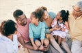 Big family, grandparents or children at beach to relax with girls or siblings on summer holiday together. Happy African Royalty Free Stock Photo