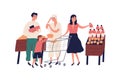 Big family at grocery supermarket choose food products, purchase together. Retired grandmother with list, shopping cart