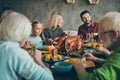 Big family happy celebrate thanksgiving day gather mature generation small little kids sit table eat evening feast