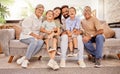 Big family, happy and home living room sofa of a mother, parents and children together with a smile. Portrait of kids