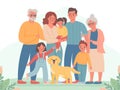 Big family. Happy parents, children, grandma and grandpa. Smiling dad, mom, kids and dog. Three generation standing Royalty Free Stock Photo