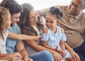 Big family, happy and smile of children, mother and grandparents on a home sofa. Happiness of positive kids, woman and