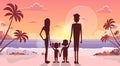 Big Family Hold Hands Over Sunset Holiday Sea Seaside Summer Vacation Parents With Two Children