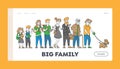 Big Family Landing Page Template. Children, Parents, Grandparents Stand in Row. School Kids, Teenagers, Adult and Senior