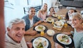 Big family, lunch and selfie with food on table in home dining room. Fine dining, happy memory and grandma, grandpa and