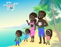 Big family mom dad and three children kids boy girl on vacation seashore ocean sea with quadcopter drone african indian