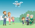 Big family with mother father grandmother grandfather kids baby child set. Drone in the park quadrocopter vector