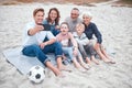 Big family, phone selfie and beach holiday, vacation or trip outdoors. Grandparents, parents and children with soccer