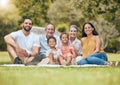 Big family, picnic and outdoor at nature park or garden with children, parents and grandparents together in happiness Royalty Free Stock Photo