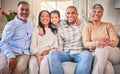 Big family, portrait and happy in home living room, bonding and having fun. Grandparents, smile and children, mother and Royalty Free Stock Photo