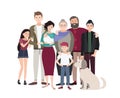 Big family portrait. Happy people with relatives. Colorful flat illustration.