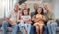 Big family, portrait and relax on sofa in living room, smiling or bonding. Love, diversity or care of grandparents