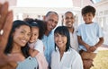 Big family, portrait and selfie smile outdoor, bonding and together in home backyard. Face, grandparents and mother