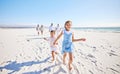 Big family, sea or happy kids holding hands, running or smiling in summer with happiness or joy in nature. Grandparents Royalty Free Stock Photo