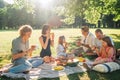 Big family sitting on the picnic blanket in city park during weekend Sunday sunny day. They are smiling, laughing and eating Royalty Free Stock Photo