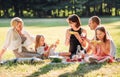 Big family sitting on the picnic blanket in city park during weekend Sunday sunny day. They are smiling, laughing and eating Royalty Free Stock Photo