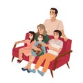 Big family with three children sitting on the sofa at home. Rest with relatives, day off, watching a movie. Vector Royalty Free Stock Photo