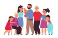 Big family together. Cute people, mom grandpa grandmother with baby. Flat standing group, cartoon grandparents and kids