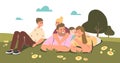 Big family together lying on green grass in summer park. Parents with three kids Royalty Free Stock Photo