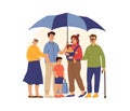 Big family under giant umbrella. Safety concept. Grandparents, parents and children. Man with wife, little baby. Life