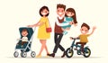 Big family on the walk. Mother with baby in a pram, Dad keeps da