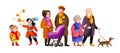 Big family walking at autumn street together vector cartoon illustration. Cute grandparents, parents, children and dog