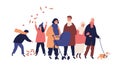 Big family walking at autumn street together vector flat illustration. Cute grandparents, parents and children spending