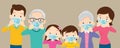 Big family wearing a surgical mask to prevent virus covid-19 with copy space for banner