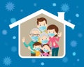 Big family wearing a surgical mask to prevent virus in house icon