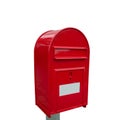 Big fancy red metal postbox with white empty note space for address isolated at white background. Concept of communication and Royalty Free Stock Photo