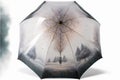 Big fantasy transparent crystal umbrella in winter nature with snowfall