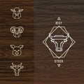 Big farm animals illustration vector set of 5 illustrations isolated in wood vector background Royalty Free Stock Photo