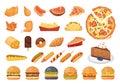 Big fast food set of vector icons in cartoon style. Street dinner junk menu. Burger, pizza, meat, hot dog, dessert. Royalty Free Stock Photo