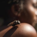 Big fat black nasty fly on a beautiful tanned woman's shoulder