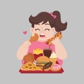 Big Fat Happy woman enjoy eat fast food, junk food