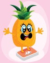 Big Fat pineapple standing on electronic scales for weight Body weight, shock, Healthcare concept cartoon Healthy character flat