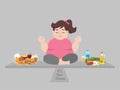 Big fat woman consider to choose between junk food or good food, diet cartoon