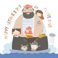 Big father sailing with children and animals at their ship Royalty Free Stock Photo