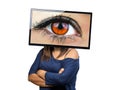 Big female eye on tv screen looking isolated. Big Brother is watching you. Conceptual image Royalty Free Stock Photo