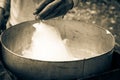 Big finished puffy white cotton candy in floss machine in Vietnam