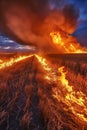 big fire in the field. Selective focus. Royalty Free Stock Photo