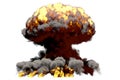 Big blast 3D illustration of detailed fire mushroom cloud explosion with flames and smoke, it looks like nuclear bomb or any other Royalty Free Stock Photo