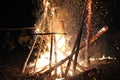 Big fire set in the forest, blurred people on the background. Meeting of followers of Ukrainian pagan cult