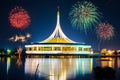 Big fireworks over the Monument at public park Suanluang Rama 9, Thailand