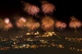 Big fireworks over the skyline. Beautiful colorful fireworks display on celebration night. Happy new year 2022 concept. firework i Royalty Free Stock Photo